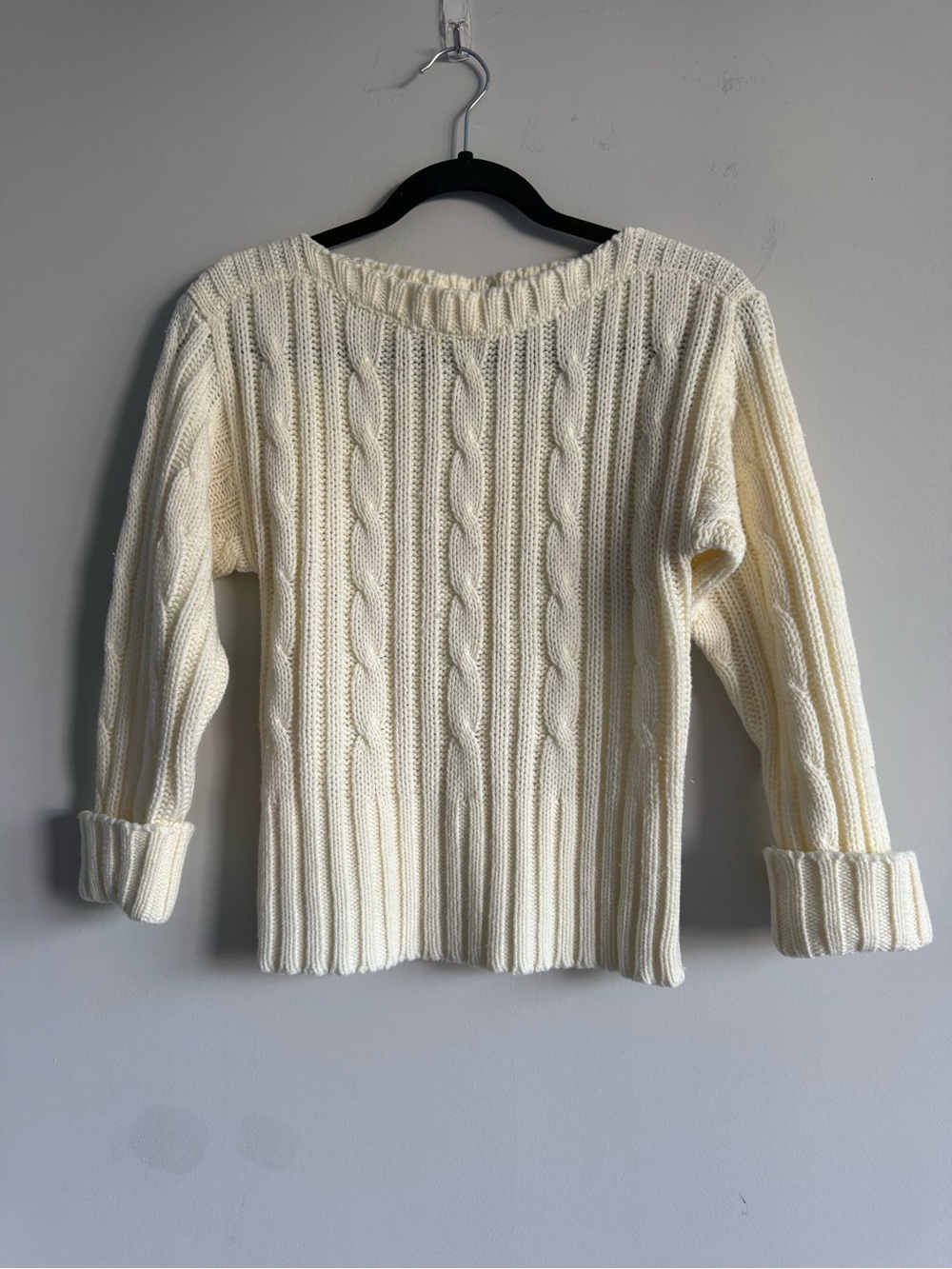 VINTAGE 70's CURRANTS BY JERI-JO Cable Knit Boat Neck Cuff Sleeve Cream Sweater